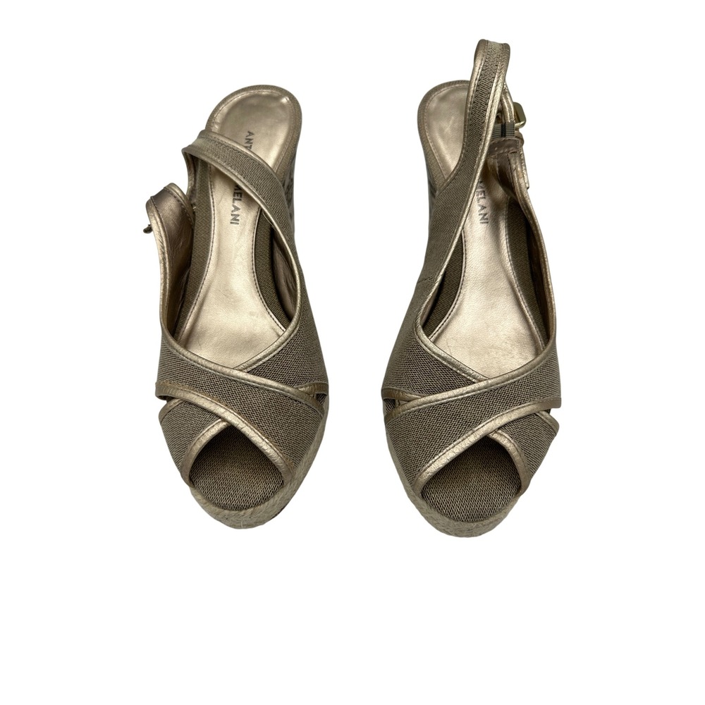 Antonio Melani Womens Gold Fabric Espadrille Wedge Heel Ankle Strap Sandal
